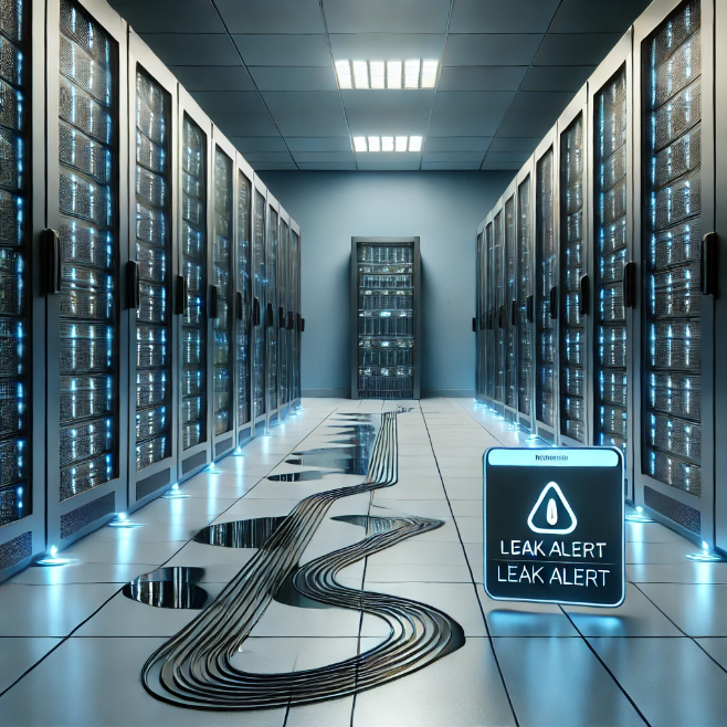 Um data center moderno com fileiras de racks de servidores, com foco no piso. No ch&atilde;o, h&aacute; cabos vis&iacute;veis de sensores de detec&ccedil;&atilde;o de vazamento de &aacute;gua passando